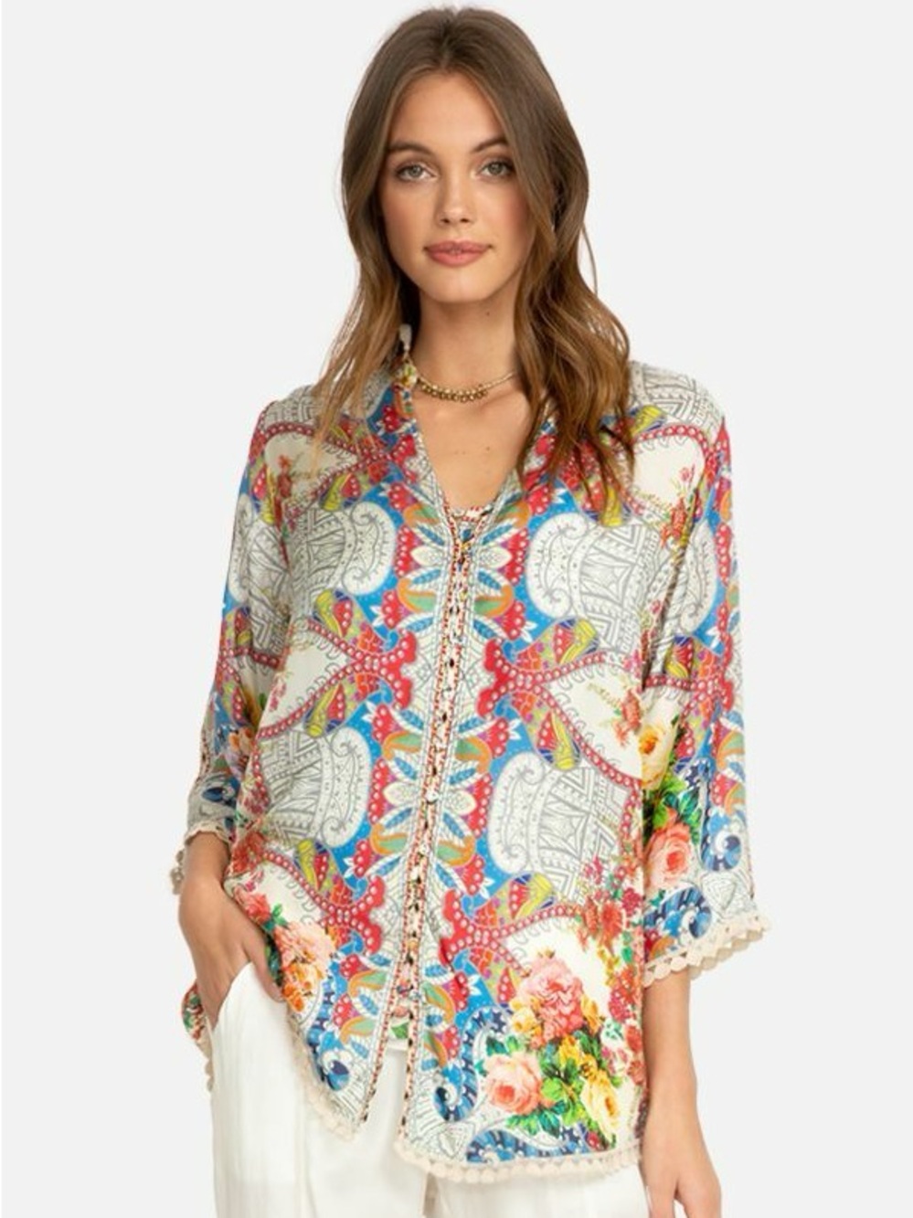 Johnny Was Blush Button-Down 100% Silk Blouse Tunic Top Size Small